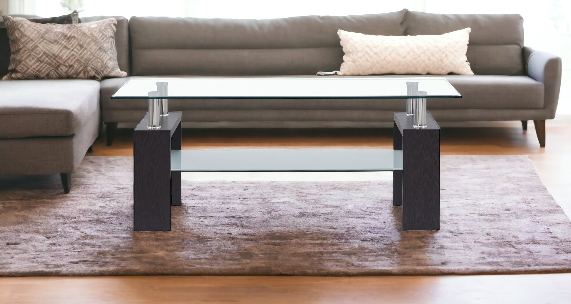 43" Clear And Dark Brown Glass Coffee Table With Shelf