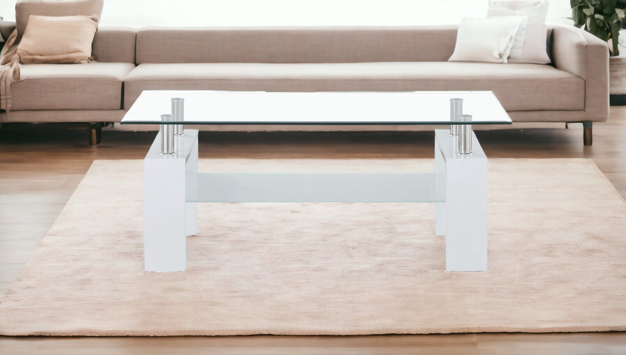 43" Clear And White Glass Coffee Table With Shelf