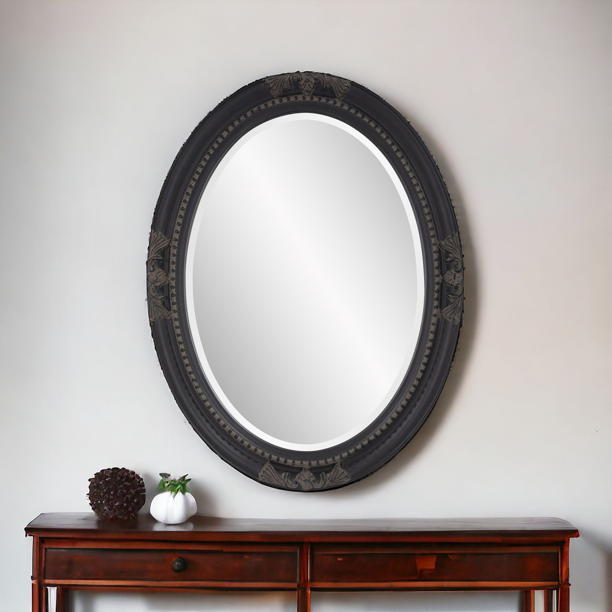 Oval Antiqued Black Wood Frame Mirror
