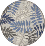 5' Round Blue And Gray Round Floral Indoor Outdoor Area Rug