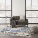 5' Round Blue And Gray Round Floral Indoor Outdoor Area Rug