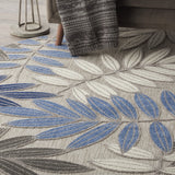 5' Round Blue And Gray Round Floral Indoor Outdoor Area Rug