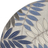 5' Round Blue And Gray Round Floral Indoor Outdoor Area Rug