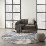 5' Round Blue And Gray Round Floral Indoor Outdoor Area Rug