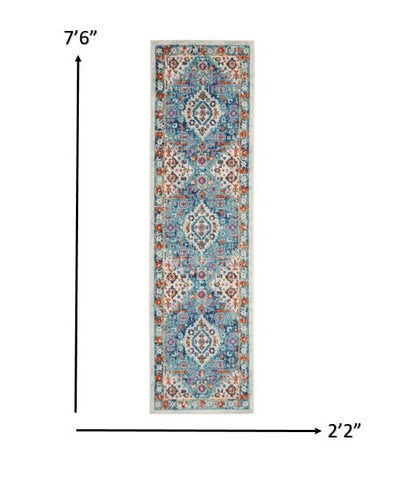 8' Blue And Ivory Power Loom Runner Rug