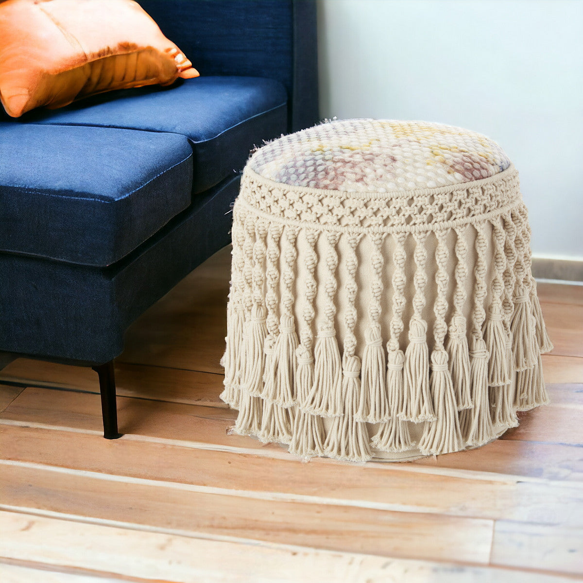 18" Ivory and Blue Cotton Round Abstract Pouf Ottoman