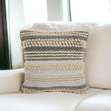 20" Gray and Cream Cotton Blend Throw Pillow With Embroidery