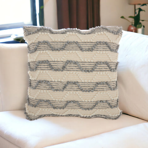 20" Ivory and Gray Striped Throw Pillow With Texture