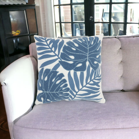 Blue And Ivory Tropical Leaves Throw Pillow