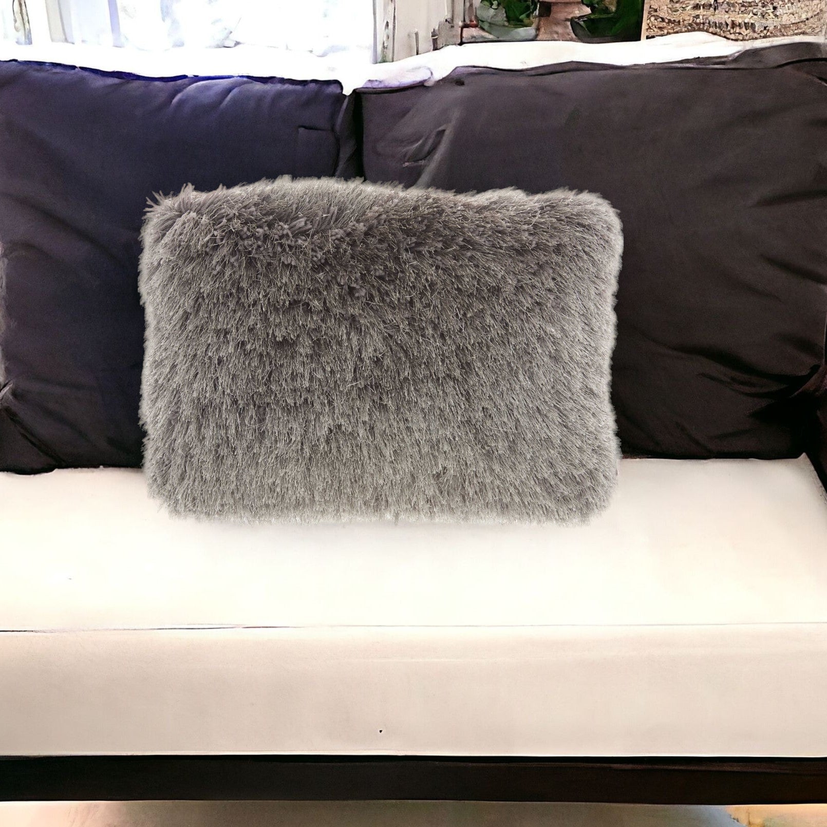 14" X 20" Slate Gray Faux Fur Throw Pillow