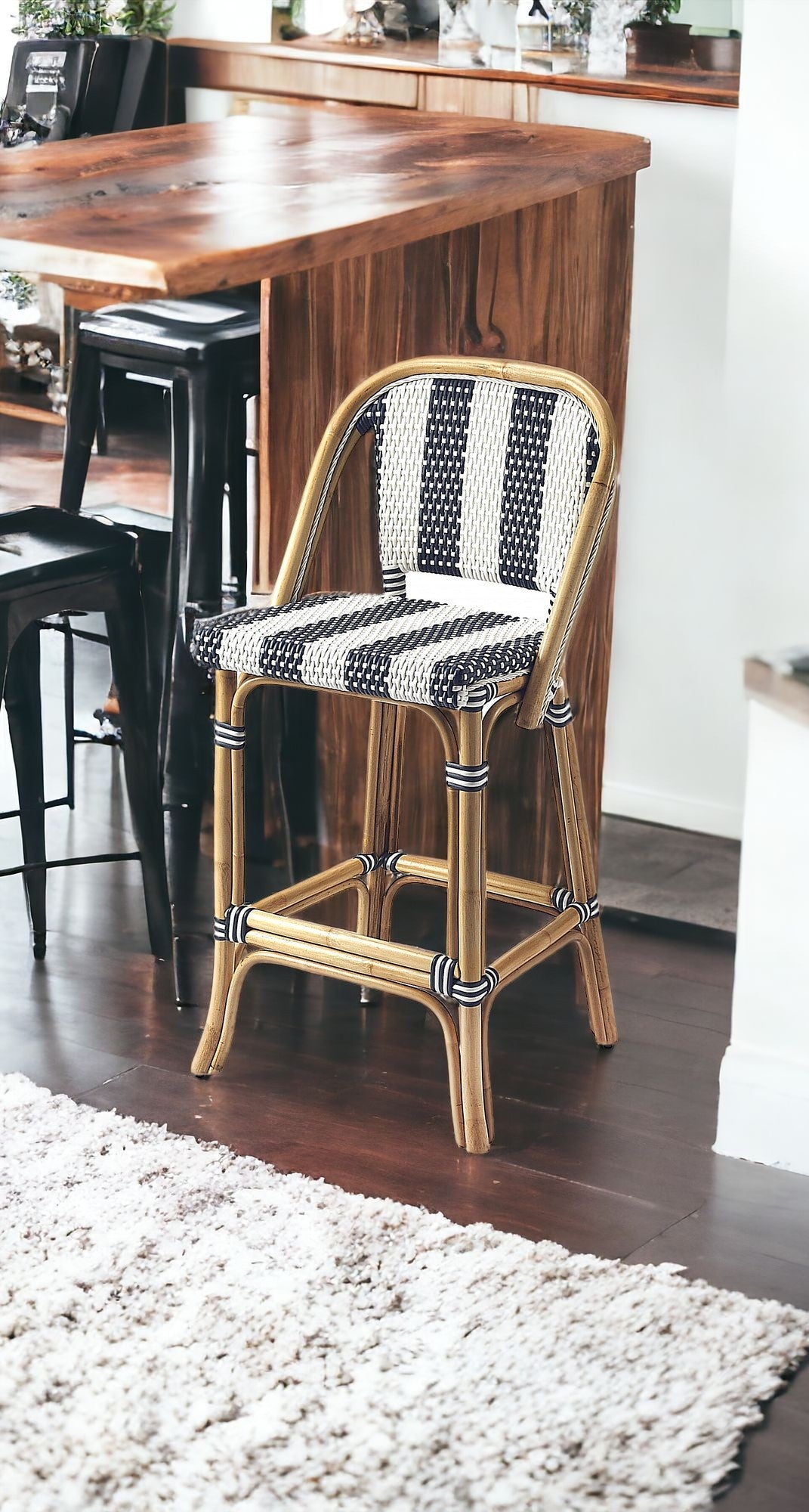 28" Blue And Natural Bar Chair