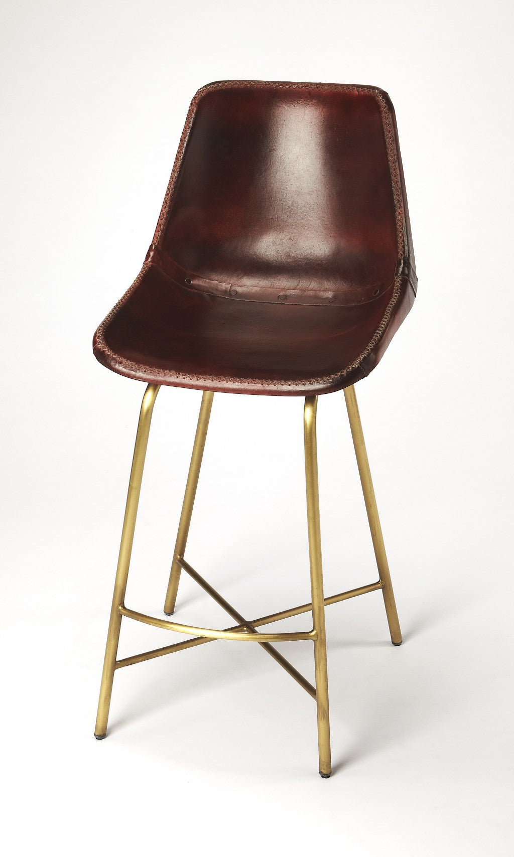 26" Brown And Gold Leather And Iron Bar Chair