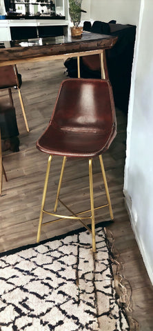 26" Brown And Gold Leather And Iron Bar Chair