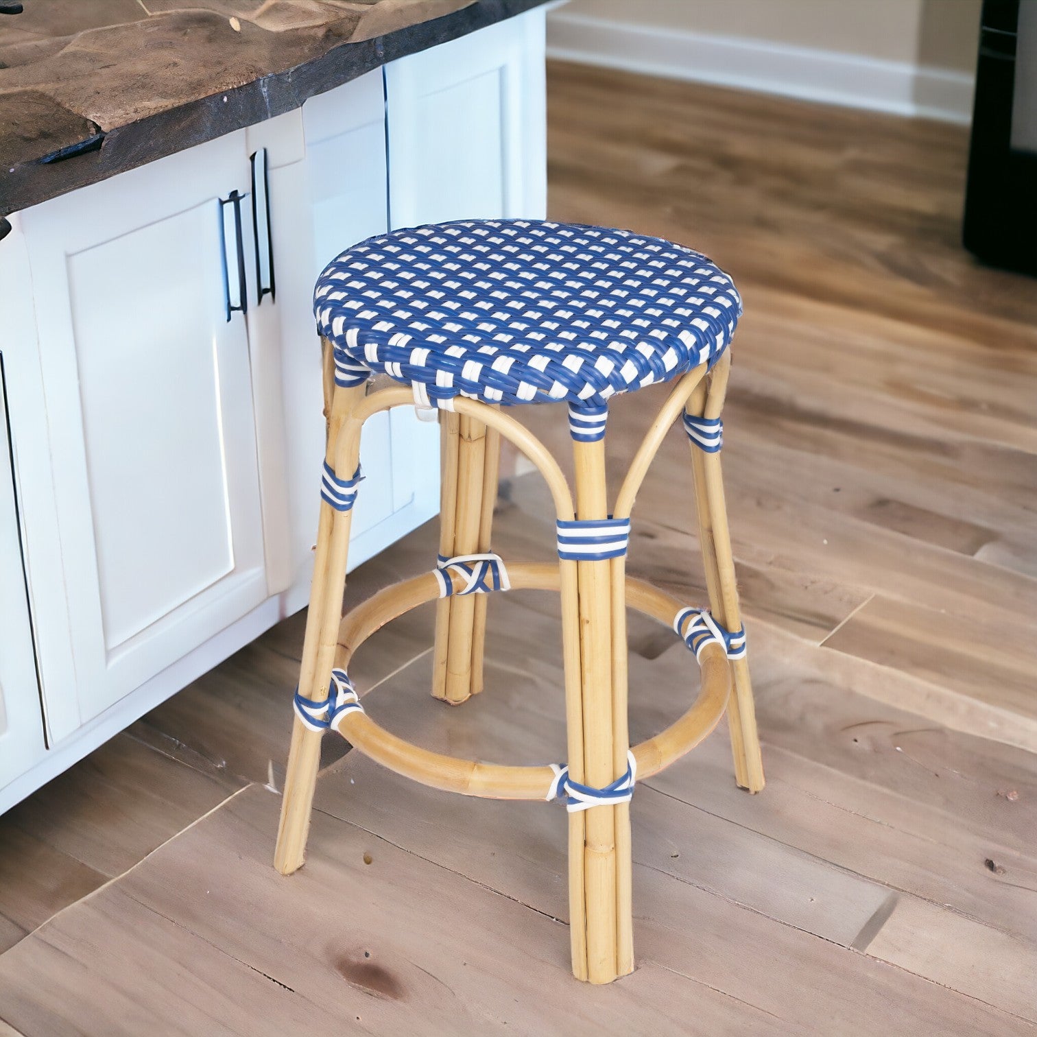 " Blue And Wood Brown Backless Counter Height Bar Chair