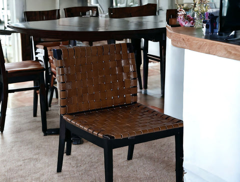 28" Brown And Black Leather And Steel Bar Chair