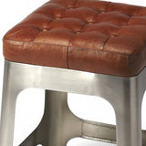 20" Brown And Silver Leather And Iron Backless Bar Chair