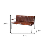 53" Brown and Black Upholstered Faux Leather Distressed Bench