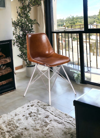 19" Brown And Silver Faux Leather Side Chair