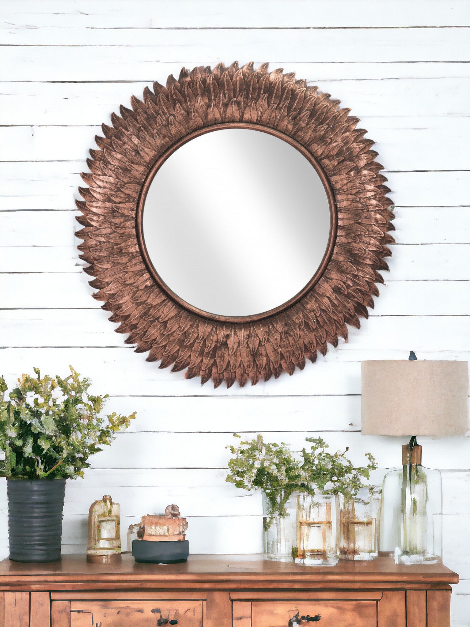 Bronze Leaf Round Framed Accent Mirror