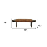 Warm Brown Leather And Solid Wood Bench
