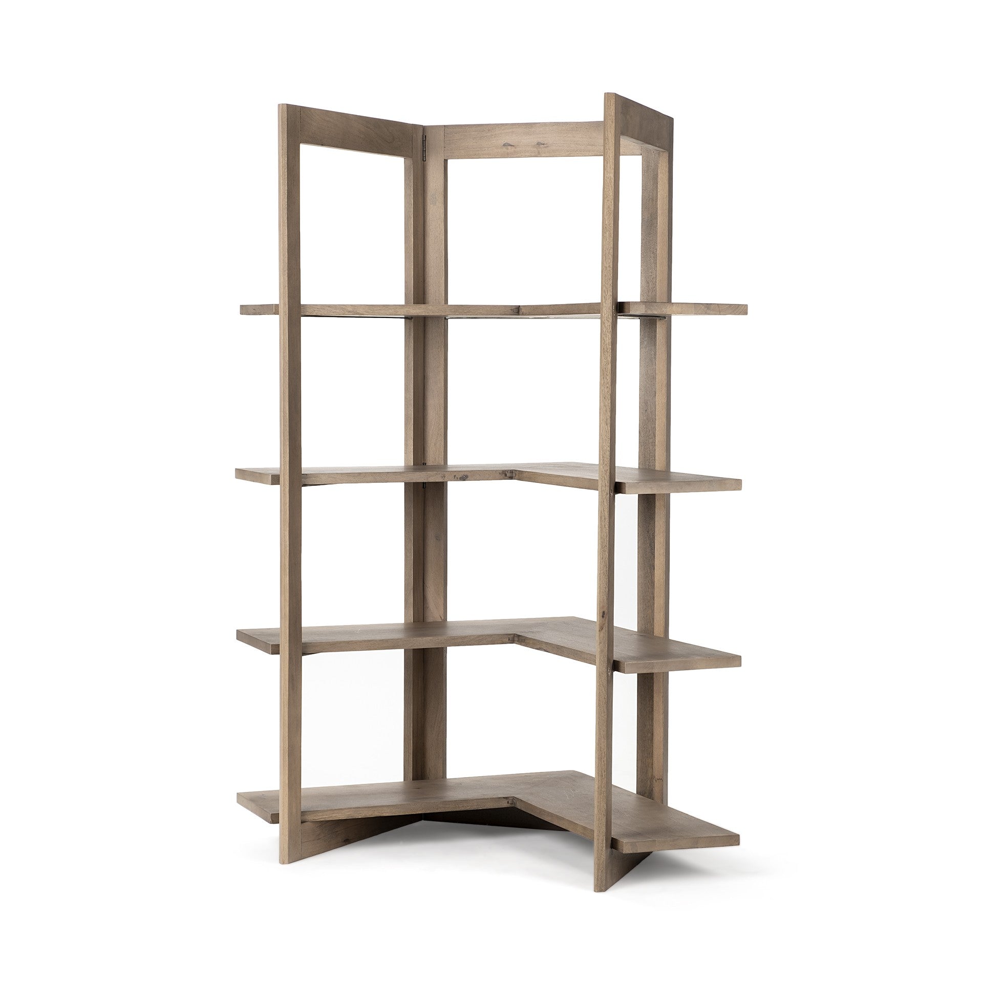 72" Brown Distressed Solid Wood Four Tier Corner Bookcase