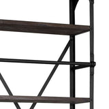 94" Black Distressed Iron and Solid Wood Five Tier Bookcase with Two Drawers