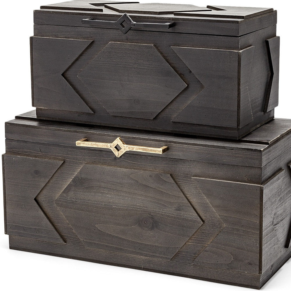 Set Of Two Brown Detailed Wooden Boxes