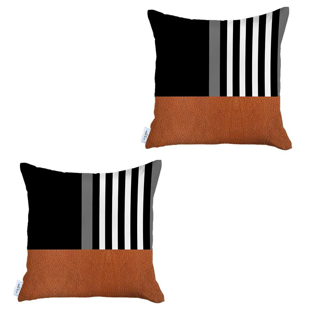 Set Of Two 18 X 18 Black And Tan Polyester Throw Pillow Cover