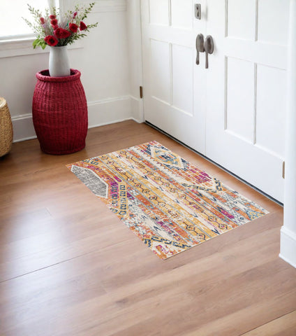 4' x 6' Orange and Ivory Southwestern Dhurrie Area Rug