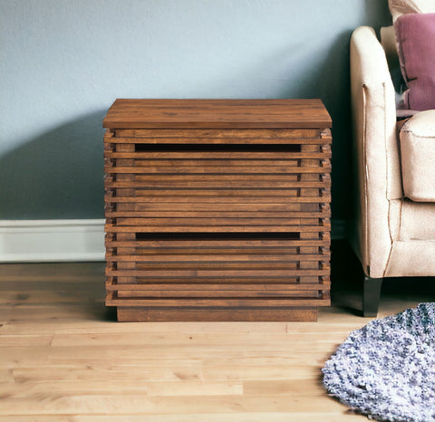 22" Walnut Solid Wood Modern Slat Design End Table with Drawers