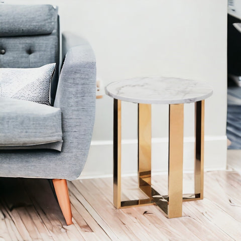 21" Gold And White Stone Round End Table