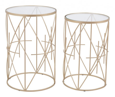 Set of Two Geometric Gold and Glass Side Tables