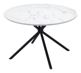 47" White Faux Marble Print And Black Round Dining Table