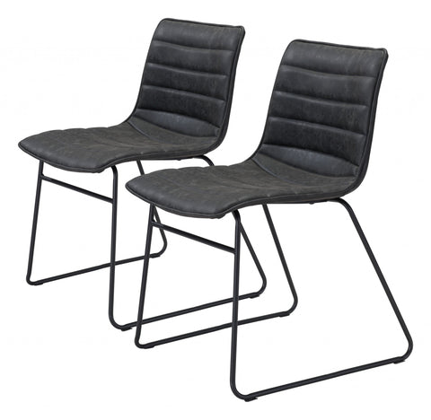 Set of Two Mod Black Vintage Look Faux Leather Dining Chairs