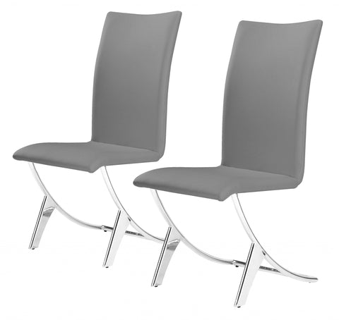 Set of Two Contempo Slim Gray Faux Leather and Stainless Dining Chairs