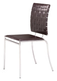 Set of Four Brown Faux Leather and Steel Modern Basket Weave Dining Chairs