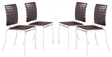 Set of Four Brown Faux Leather and Steel Modern Basket Weave Dining Chairs