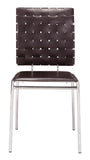 Set of Four Brown Faux Leather and Steel Modern Basket Weave Dining Chairs