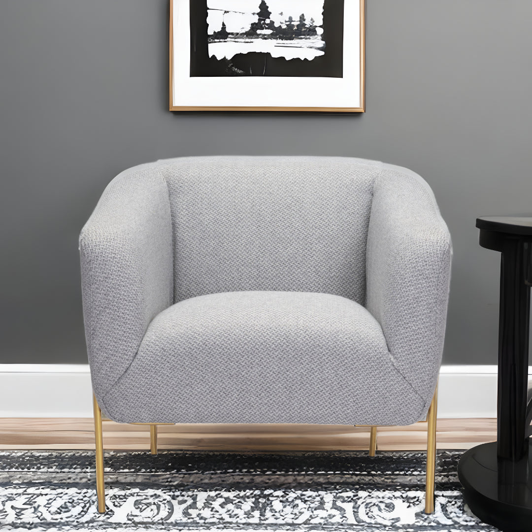 31" Gray And Gold Linen Barrel Chair