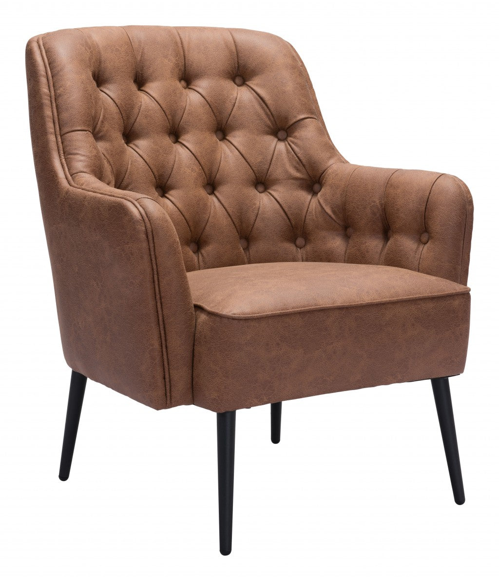 29" Brown Faux Leather And Gold Tufted Arm Chair