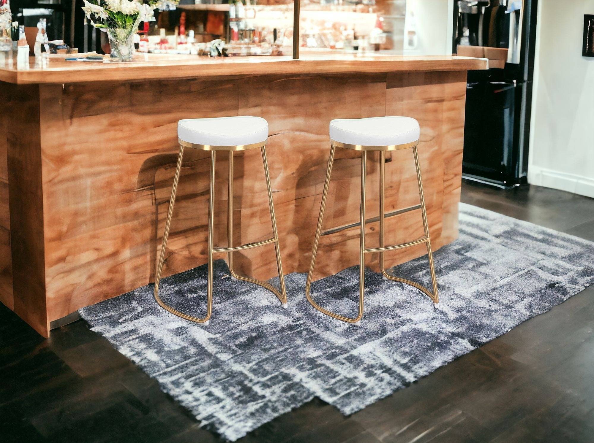 Set of Two 31" White And Gold Steel Backless Bar Height Bar Chairs