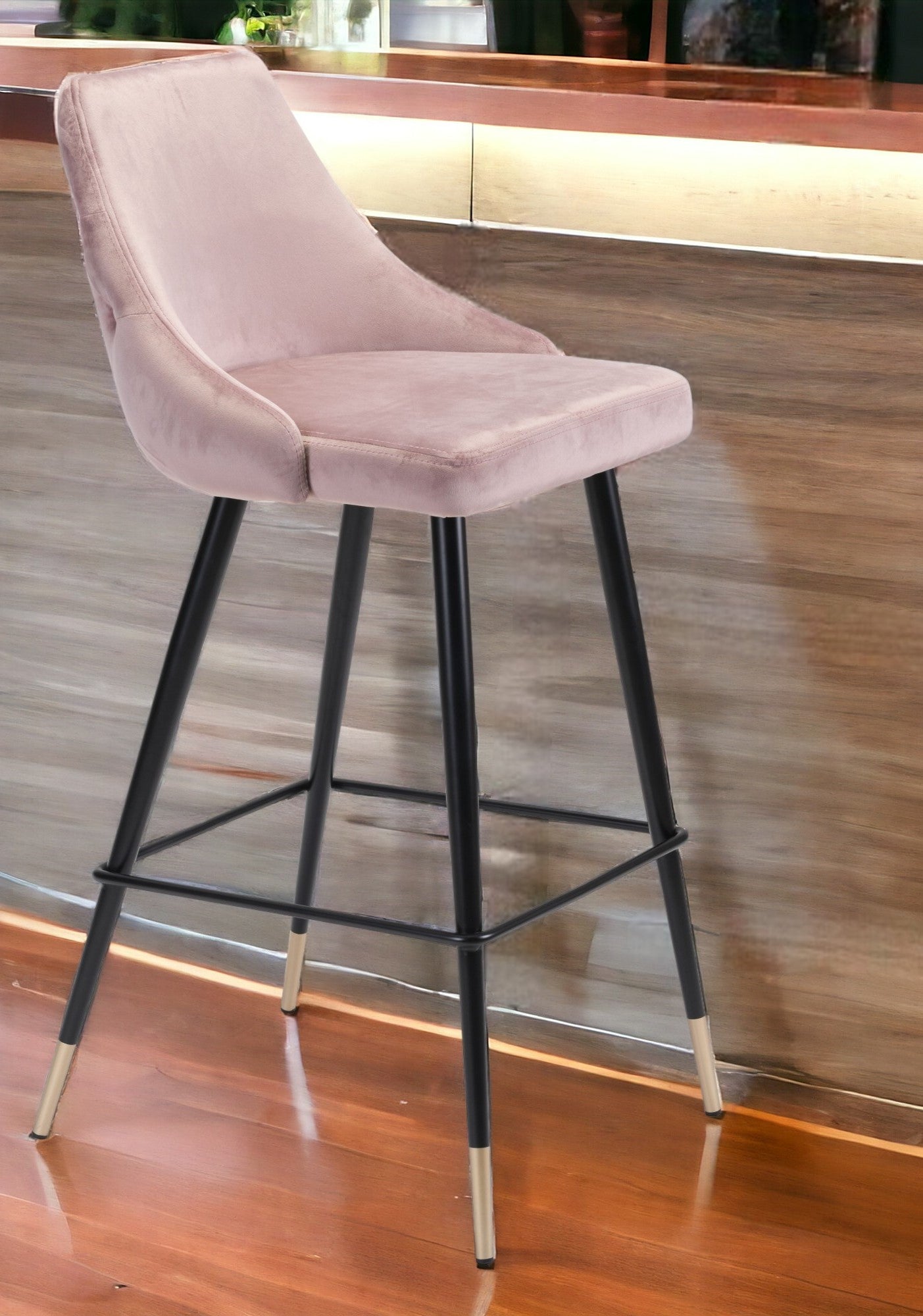 30" Pink And Black Velvet And Steel Bar Height Bar Chair