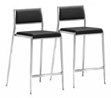 Set Of Two 36" Black And Silver Steel Low Back Counter Height Bar Chairs With Footrest