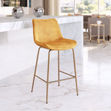 26" Yellow And Copper Velvet And Steel Low Back Counter Height Bar Chair