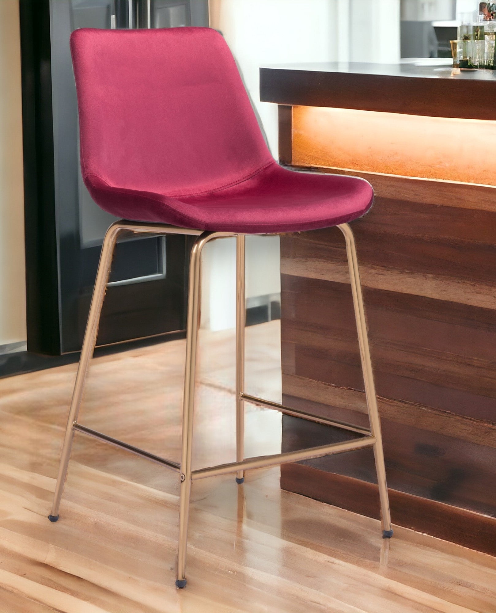 26" Red And Copper Velvet And Steel Low Back Counter Height Bar Chair