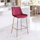 26" Red And Copper Velvet And Steel Low Back Counter Height Bar Chair