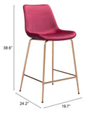 26" Red And Copper Velvet And Steel Low Back Counter Height Bar Chair