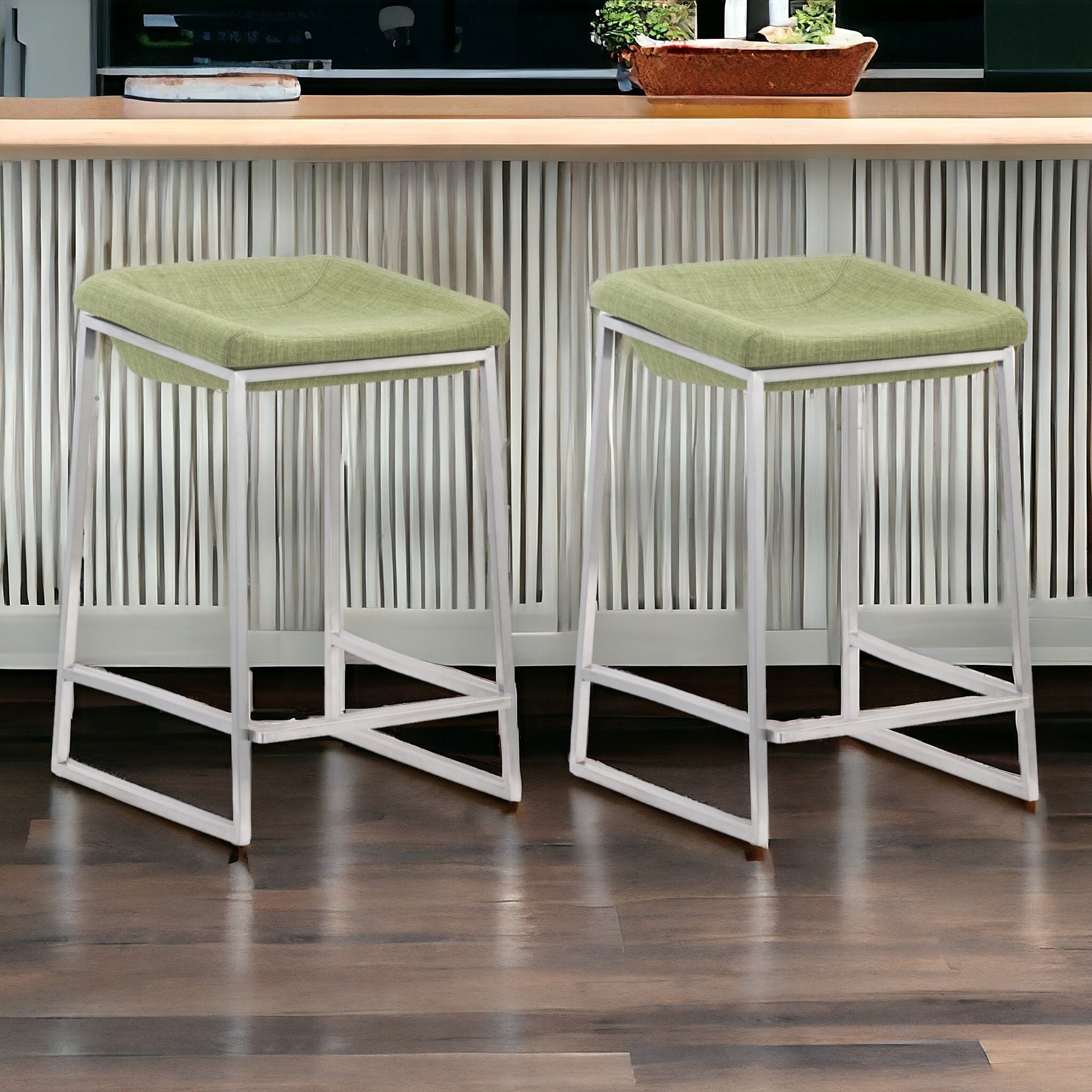 Set of Two 24" Green And Silver Steel Backless Counter Height Bar Chairs