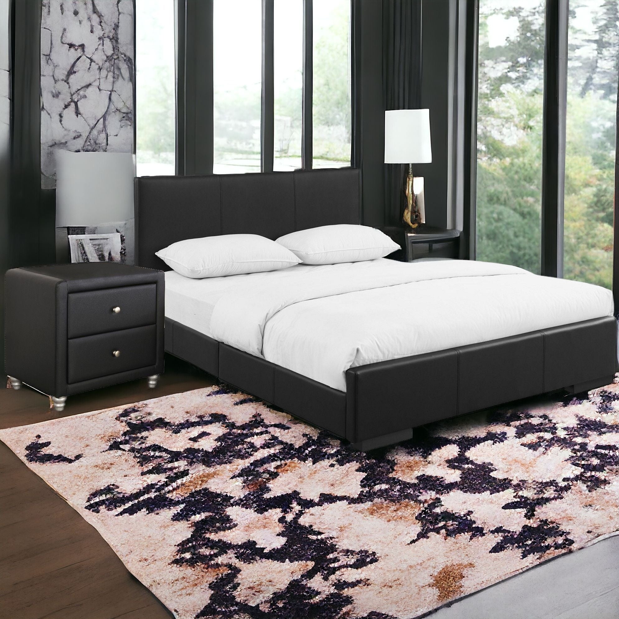 Black Upholstered King Platform Bed with Nightstand