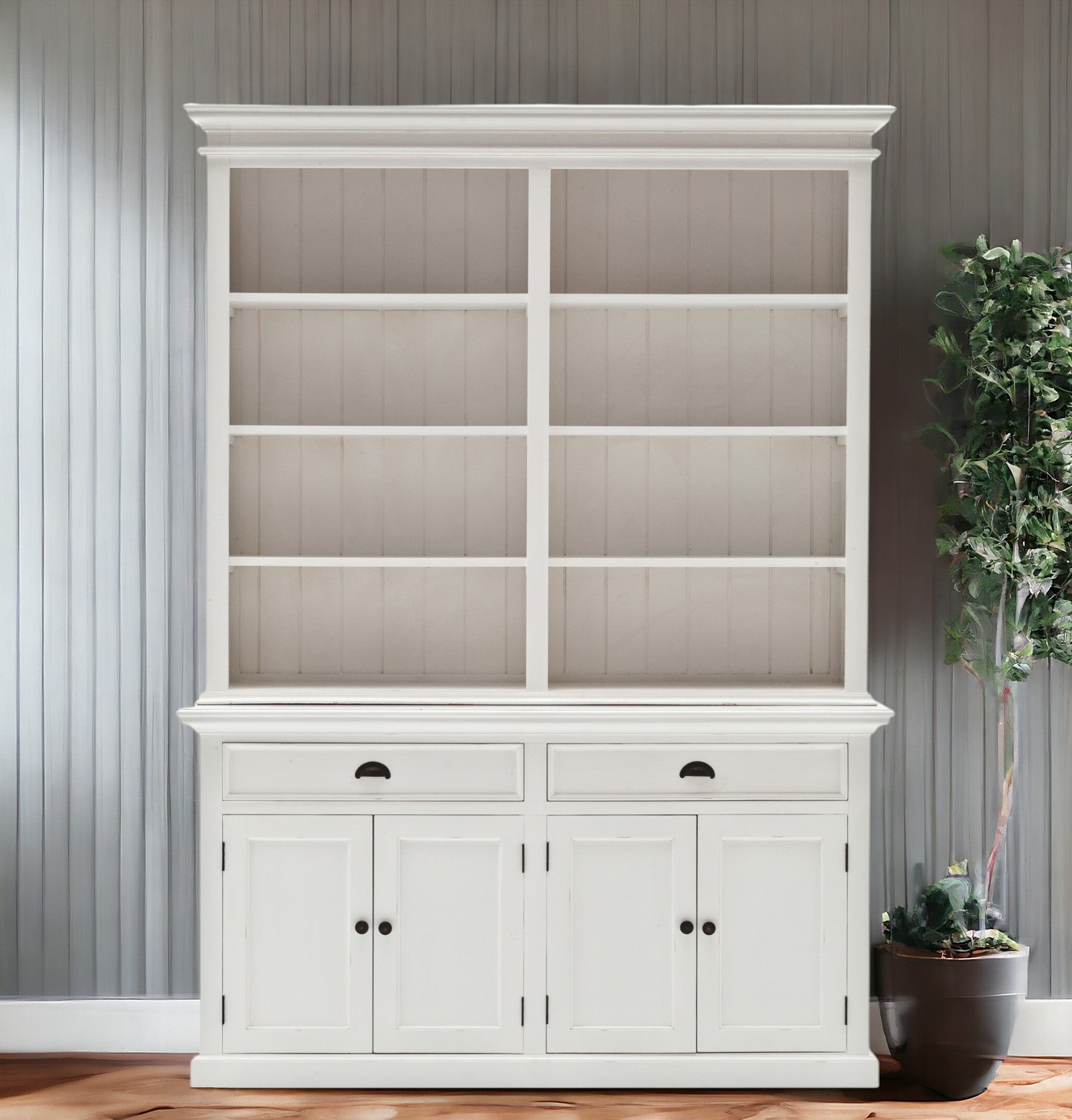87" White Solid Wood Side Board with Hutch